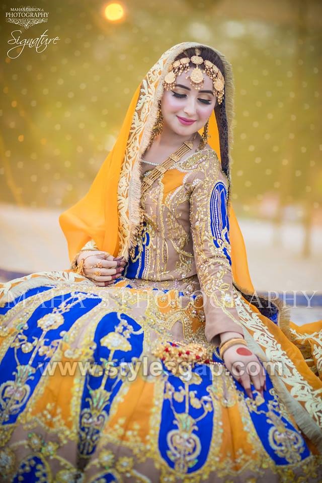 gold bronze blue kalidar lehenga Latest Bridal Mehndi Dresses Wedding Collection 1