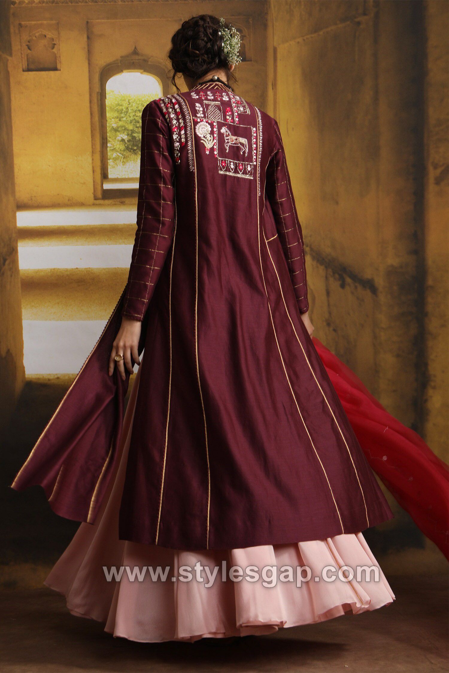 Buy Stylish Fashion Designer Embroidered Maroon Koti Style Floor Length  Anarkali Suit at Amazon.in