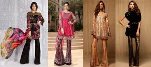 Latest Pakistani Dresses with Bell Bottom Boot cut Pants 2022 Trend