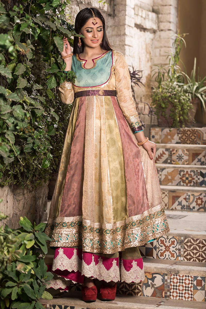 3-Pc Long Front Open Gown With Raw Silk Gharara and Embroidered Dupatt –  Charizma