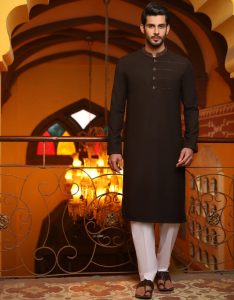 It is ram packed with a broad range of festive outfits; the kurtas have beautiful neckline with light embroideries, some have beautiful digital and screen prints. The kameez is nourished with rich colours with classic collars and sleeves. The grey color also looks decent. This light embroidered kameez is a must-have. It's per your choice to go for dark grey for lighter one. The collars of shirts are adorned. Beautiful buttons are added. If you are fond of dark colors then here you go. J. has presented some of the marvelous dark colored suits for men this festive season. Brown is always a good idea. It has become the signature color for gents. Look at these two beautiful designs from the Latest collection by J.