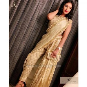 Buy K&A By Karishma And Ashita Olive Green Georgette Pant Saree Set at  Redfynd