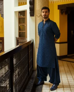 Feroze khan wearing blue heavy work kurta shalwar perfect for wedding wear