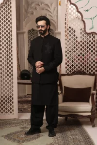 black kurta shalwar with prince coat