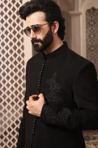 fancy buttoned black prince coat with embroidery motifs