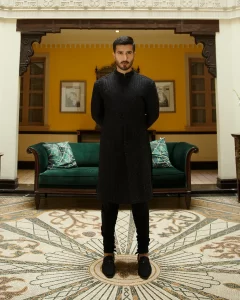 latest men black color heavy embroidery sherwani design