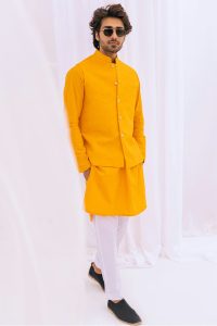 mustard/ yellow color waistcoat and kurta same design dress