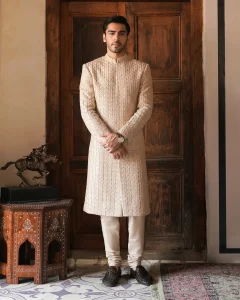 fancy cream color men wedding sherwani