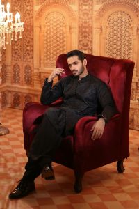 handsome wahaj ali wearing latest men black color front open heavy menswear kurta shalwar