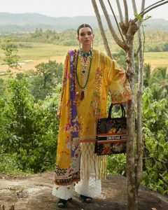 yellow and white lawn dress with digital printed lawn dupatta