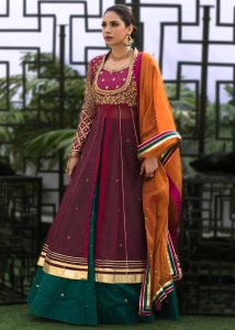 bib neckline with koti style jacket long kalidar frock