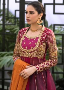 bib neckline with koti style jacket long kalidar frock