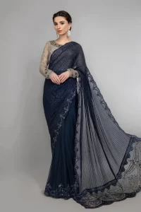 navy blue and grey saree