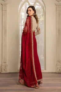 maroon colored saree with printed blouse