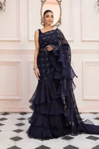 navy blue ruffle style saree design