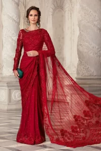 full red color fancy saree with embellished neckline