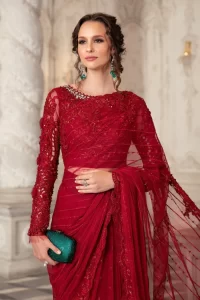full red color fancy saree with embellished neckline