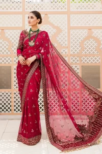 fuchsia pink heavy work bridal saree