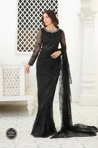 fancy black saree with crystal work neckline