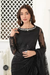 fancy black saree with crystal work neckline