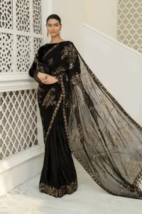 block and screen printed pallu with velvet blouse black color saree