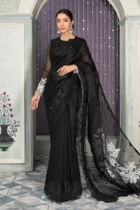 embroidered black party wear saree