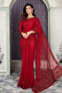 full red embroidered saree