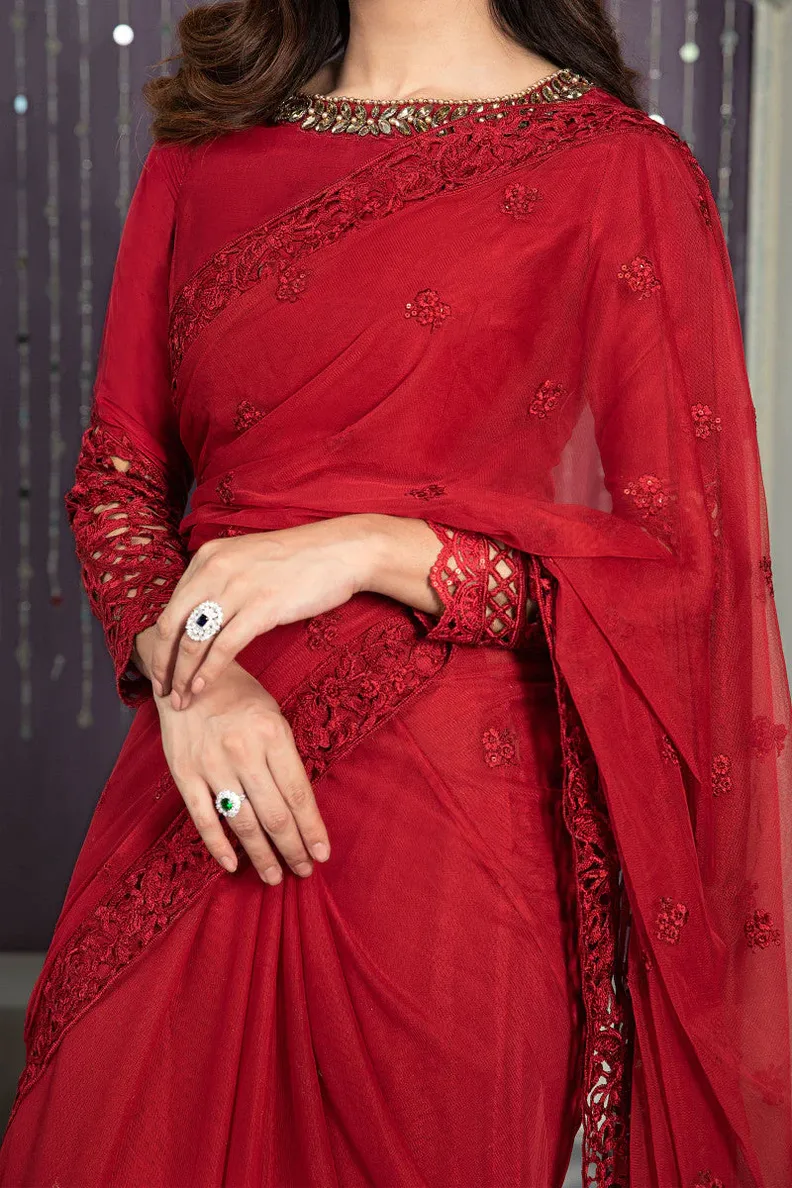 full red embroidered saree