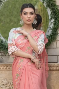 white and pink party wear saree