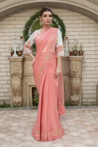 white and pink party wear saree