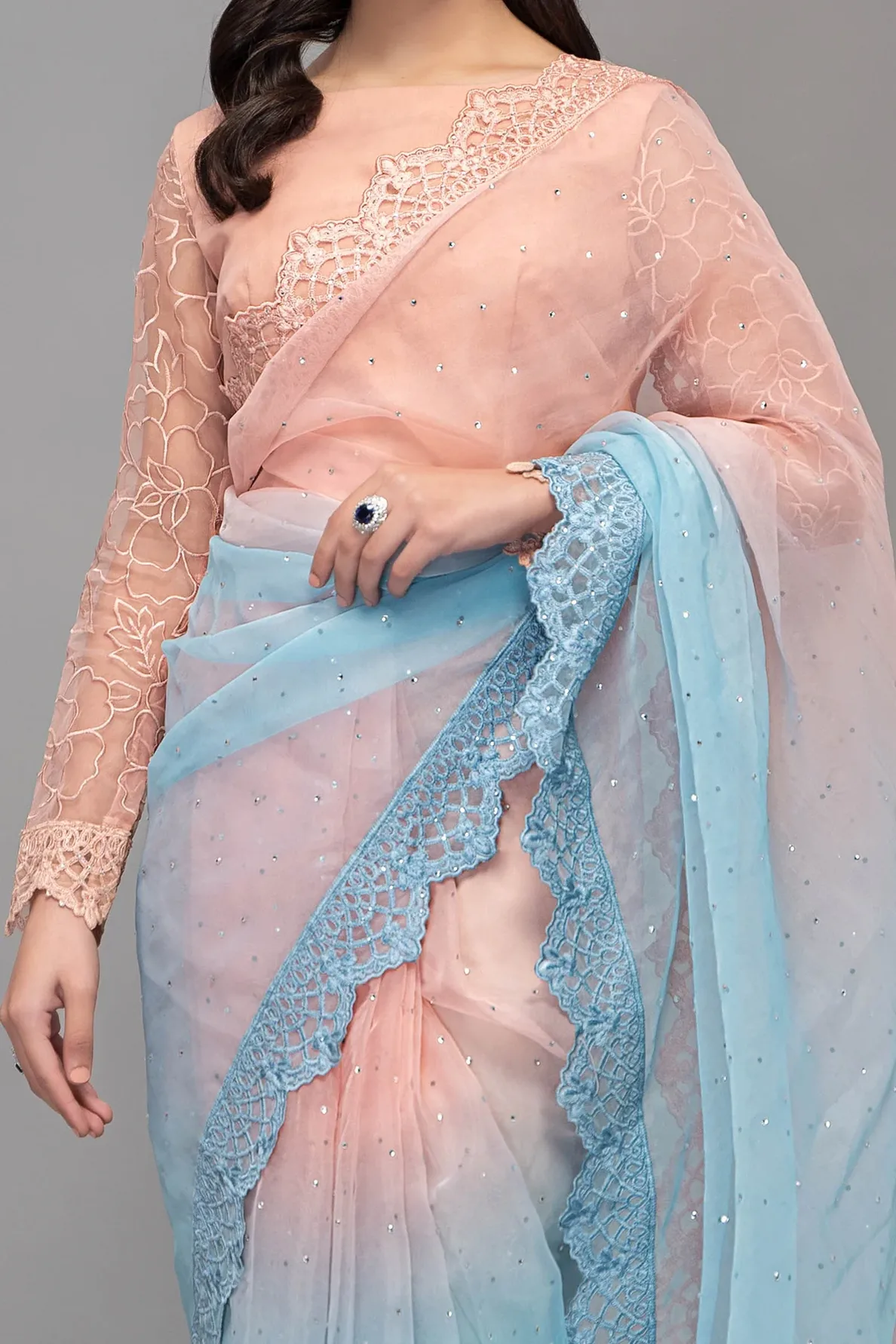 two toned peach and blue organza saree