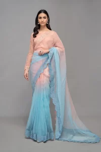two toned peach and blue organza saree