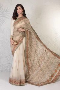 block printed cotton satin off white saree