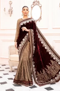 maroon velvet plauu saree