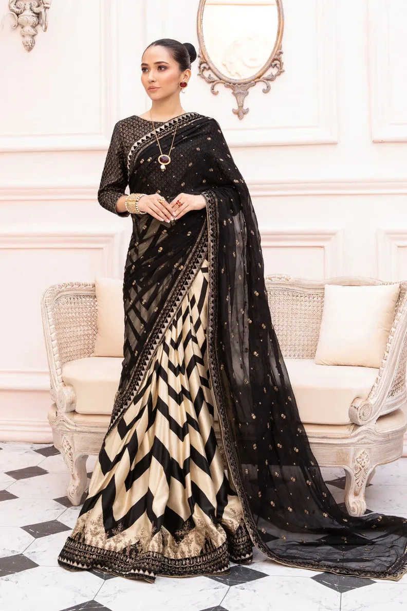 geometrical design black saree with white zig zag