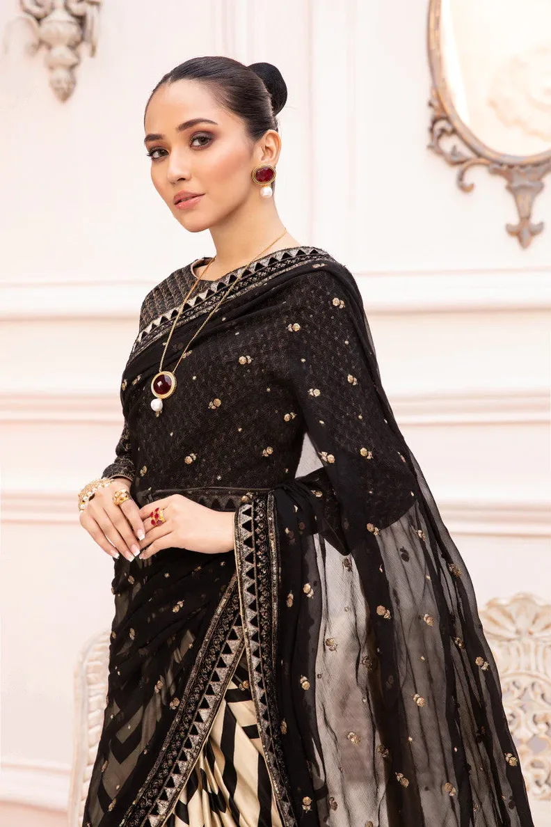 geometrical design black saree with white zig zag
