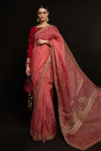 pink organza saree with velvet bouse