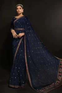 navy blue chiffon pallu with velvet blouse saree