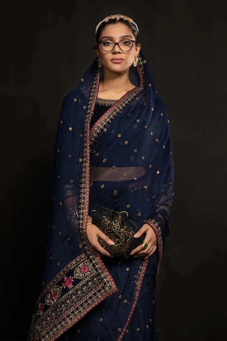 navy blue chiffon pallu with velvet blouse saree