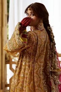 Sajal Aly Pakistani actress wearing mohsin naveed ranjha mehndi bridal dress