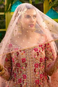 Dusty pink net fully embellished front open kalidar frock